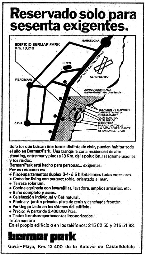 Anuncio del edificio BERMAR PARK de Gav Mar publicado en el diario LA VANGUARDIA el 1 de mayo de 1976
